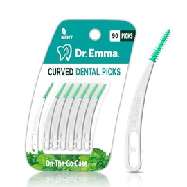 Dr. Emma Palillos dentales Mint, curvos, suaves y de goma, fáciles de usar, con estuche de transporte, 90 unidades