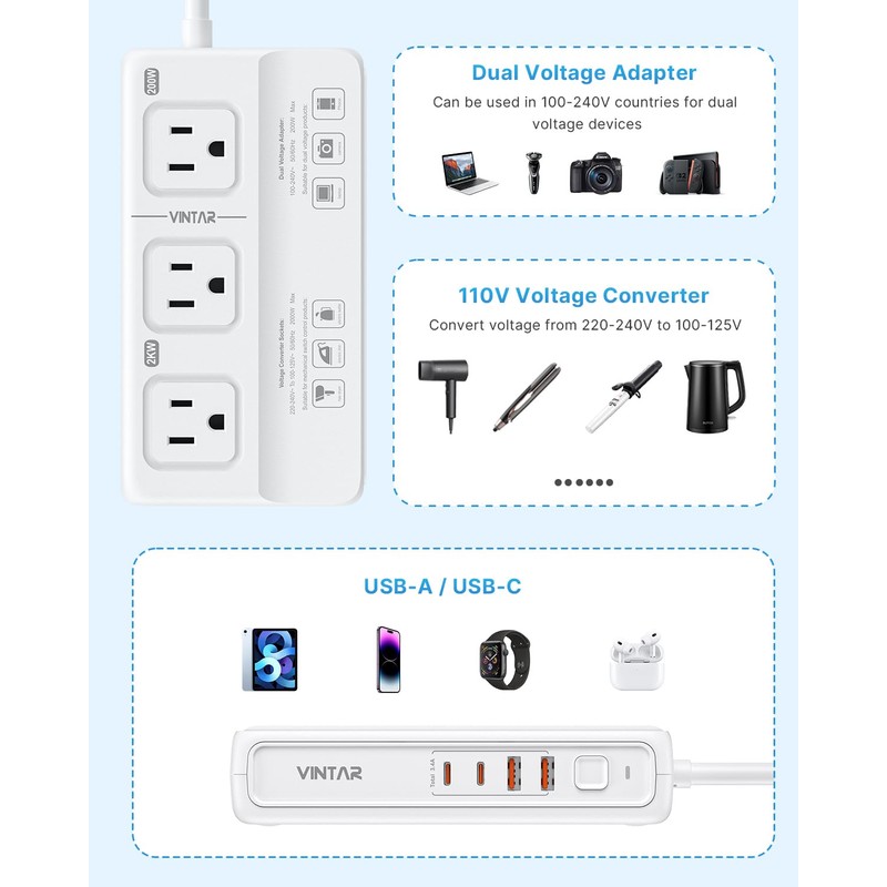 220V to 110V Voltage Converter, VINTAR 2000W Universal Travel Adapter