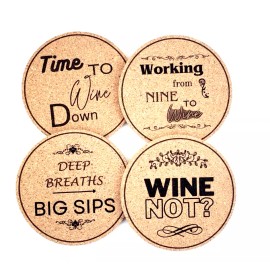 ByWalnut 4-Pk WINE SAYINGS DRINK COASTERS Laser Engraved Natural Cork Gift Barware