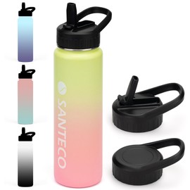 SANTECO Thermos Flask with Straw, Water Bottle, Stainless Steel, 710 ml, BPA-Free with 2 Lids, Colour Gradient, Insulated Jug, Dishwasher Safe for Travel, Camping, Yellowish Pink