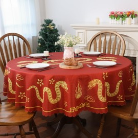 Chinese New Year Tablecloth 70 × 70 Inch Round, 2025 Zodiac Snake Chinese New Year Decorations for Home Happy Lunar New Year Table Cover Scallop Edge Table Cloth