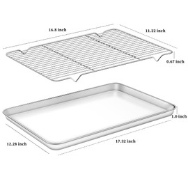 Deedro Baking Sheet with Rack Set [2 Sheets + 2 Racks], Stainless Steel Cookie Half Sheets Baking Pan Oven Tray with Cooling Rack, 17.32 x 12.28 x 1 Inch, Heavy Duty, Non-toxic, Easy Clean