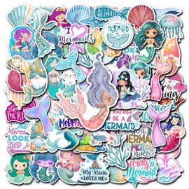 BIGZORO Pack 50 PCS Mermaid Stickers Waterproof Vinyl Decals Cute Decorative Accessories Bumper Car Water Bottles Laptop Bike Bicycle Skateboard Notebooks Luggages for Kids Adults