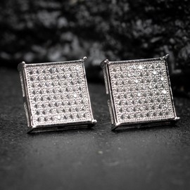 Tsv Jewelers Men's 925 Sterling Silver Hip Hop Square Flat Screen Stud Screw Back  Earrings