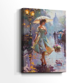 Renditions Gallery Canvas Artwork Home Decor Woman with Parasol Walking through Evening Busy Street Wall Decor Paintings & Prints for Bedroom Office Kitchen - 24" X 36" LT565