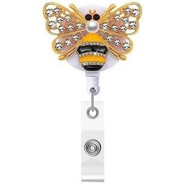 Crystal Bee Yellow Bling Bling Retractable Badge Reel Holder ID Badge Holder with Belt Clip Badge Holders for Nurse, Retractable Cord Identification Badges Supplies (25.6 Inch)