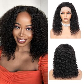 Damen-Perücke, natürlich, gelockt, 13 x 4 cm, HD, Spitze, kurz, Jerry Curl, Bob Wig, 180 % Dichte, lockig, Perücke, Damen, kurz, Schwarz, brasilianisches Echthaar, 25,4 cm