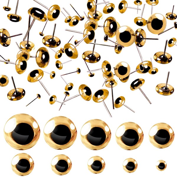 TOAOB Pack of 100 Glass Eyes Doll Eyes Yellow Mixed Size Round Plug in Metal Nail Safety Eyes for Doll Making