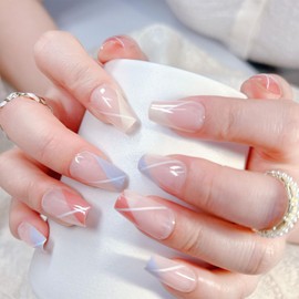 French Press on Nails Medium Gel Nail Strips Fake Nails Multi Colored Full Cover False Nails with White Lines Designs Acrylic Nails Glue on Nails Reusable Artificial Stick on Nails for Women 24 Pcs