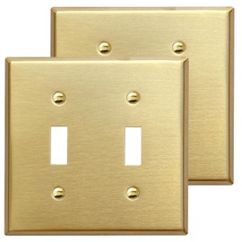 Rio Salto BRASS Signature Collection MIDSIZE Metal Gold Double Toggle Light Switch Covers Wall Plate Toggle Light Switch Wallplate Mid Size Decorative Gold 2 Gang Brushed Brass Toggles 2-Pack