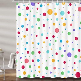Cortina de ducha para baño con diseño de arcoíris para niños, juego de cortinas de ducha de tela de lunares, color blanco, accesorios modernos de decoración de baño con ganchos (60 x 72 pulgadas)