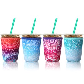 Patelai 4 Pieces Reusable Iced Coffee Sleeve Cup Insulator for Cold Drinks Beverages and Holder for Most Coffee(16-20 oz Small)