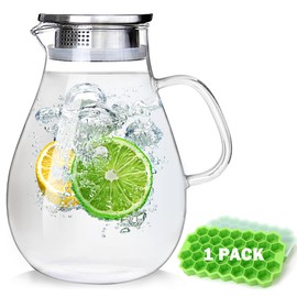 Abdodar 88oz Glass Pitcher with Lid and Handle - High Heat Resistance Glass Water Pitcher for Hot/Cold Water & Iced Tea with Ice Tray (2.6L)