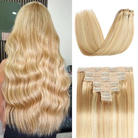 Mocona Clip in Hair Extensions Real Human Hair, 12 Inch 7pcs 70g/Pack - Dirty Blonde to Bleach Blonde Highlight Color, Soft Remy Human Hair Clip in Extensions Straight for Women (12 Inch)