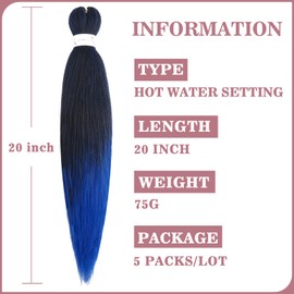 5 Packs Pre Stretched Braiding Hair Extensions Synthetic Natural Braid Crochet Yaki Hair Hot Water Setting Professional Soft Easy Braids 20 inches Black to Dark Blue