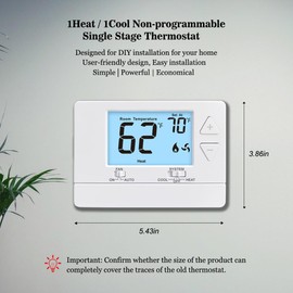 NonProgrammable Thermostat for Home, Digital Energy-Saving Thermostat,Single-Stage Systems, 1 Heat/1 Cool, Easy DIY Install,White Backlight