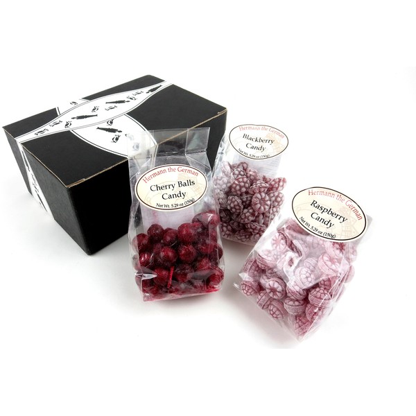 Hermann the German Bavarian Hard Candy 3-Flavor Variety: One 5.29 oz Bag Each of Blackberry, Raspberry, and Cherry in a BlackTie Box (3 Items Total)