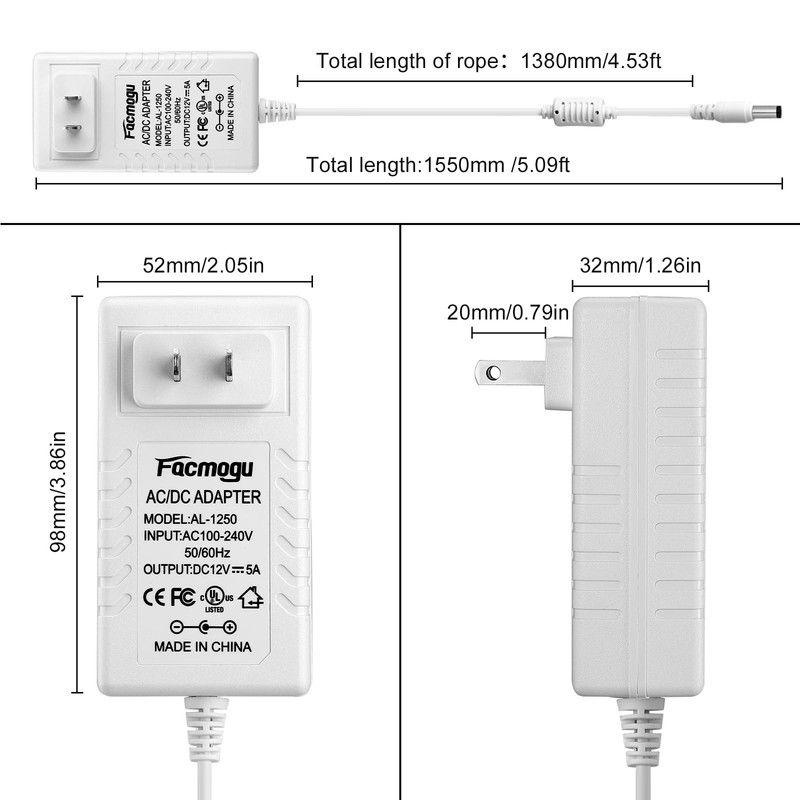 Facmogu 60W 12V 5A Power Adapter, AC 100-240V to DC