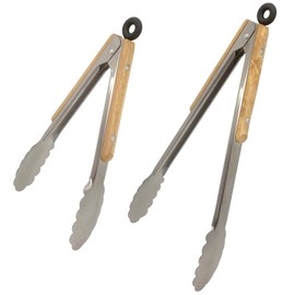 SD-TG212P Outdoor BBQ Tongs, Set of 2, Wood Grip, Stainless Steel, Includes Stopper, 9.8 + 13.8 inches (25 + 35 cm)