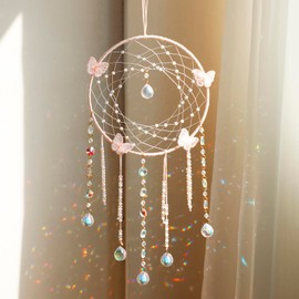 Artilady Butterfly Dream Catchers with Crystals - Large Boho Pink Moon Dream Catcher Wall Decor Home Decorations Girls Kids Baby Bedroom Room Decor Christmas Birthday Teen Girl Boys Gifts