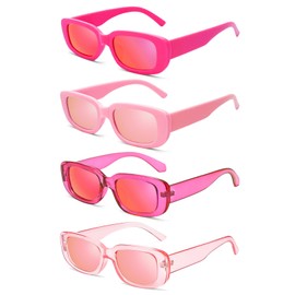 4 Pack Women's Rectangle Sunglasses Retro Mirrored Lenses Square Vintage Glasses Pink Hotpink 90s Y2K Aesthetic Accessories