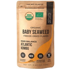 Organic Kombu Kelp Flakes - Young Baby Seaweed Grown in North Atlantic, Premium Quality Freeze-Dried for higher vitamin content. Soft Texture & Mild Taste. ½ tsp for daily vitamins. 60 Servings