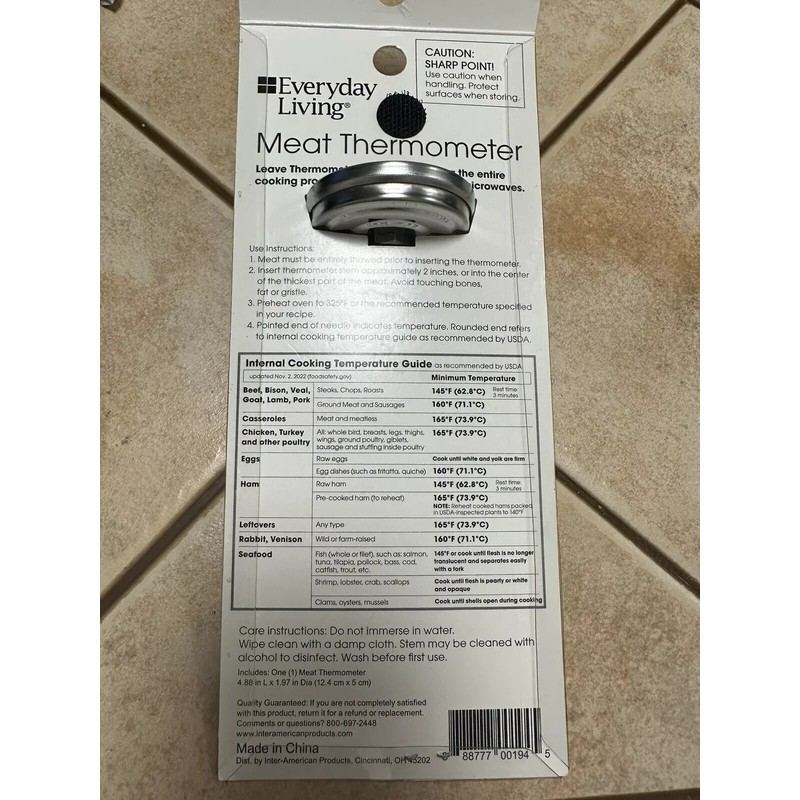 EverydayLiving Meat Thermometer Dual Scales Stainless Steel 120-200F