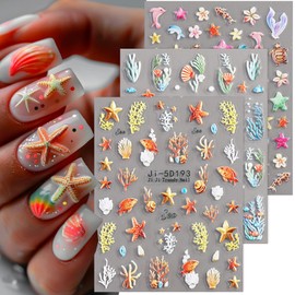 6 Sheets Ocean Nail Stickers for Nail Art Summer Starfish Nail Art Design Decals 3D Self-Adhesive Starfish Fish Shell Beach Nails Art Sticker Manicure Decoration Supplies DIY Nails for Women