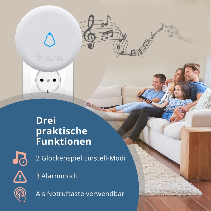 VEGATON Wireless bell, outdoor waterproof bell, waterproof with 1 plug-in