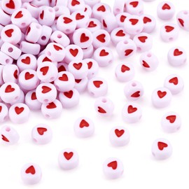 Pandahall 200pcs White Acrylic Red Heart Beads Flat Round Love Heart Disc Coin Pony Beads for DIY Word Message Initial Bracelet Spacer Charms Jewelry Makings 7x7x3.5mm