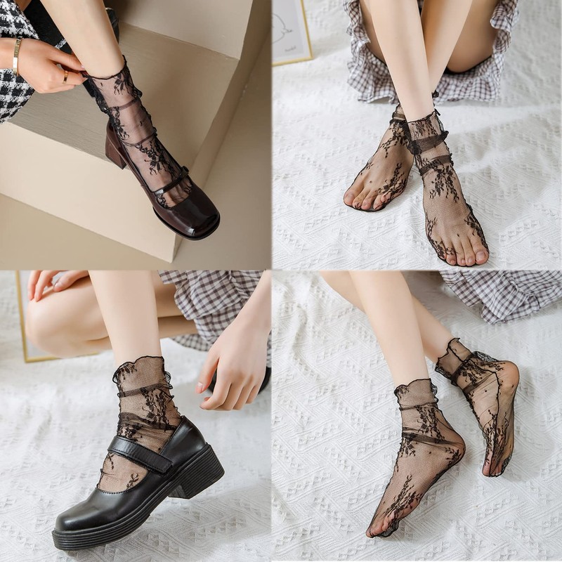 Ekieta Women's Summer Lace Socks, Cute, Transparent Lace Socks, Lolita,