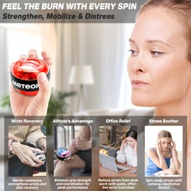 METEOR Wrist Trainer Ball – Auto-Start Gyroscopic Wrist Strengthener, Forearm Exerciser for Strengthening Arms, Fingers – Portable Gyro Ball with Colorful Lighting (Red)