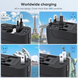 Travel Adapter 2 Pack, Worldwide All in One Universal Travel Adaptor AC Power Plug Adapter Wall Charger with USB-C and USB-A Fast Charging Ports for USA EU UK AUS