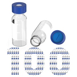 2mL Clear Autosampler Vials, HPLC & GC Sample Vials with Write-on Spot and Graduations, 9-425 Blue Polypropylene Screw Cap, Pre-Slit Blue PTFE & White Silicone Septa, 100 Pack