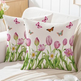 Jayusaror Cushion Cover, 45 x 45 cm, Spring Tulip, Flowers, Leaves, Outdoor Sofa Cushion, Country House Style Cushion Covers, Decorative Cushion, Couch Cushion Covers, Decorative Cushion Cover, Garden