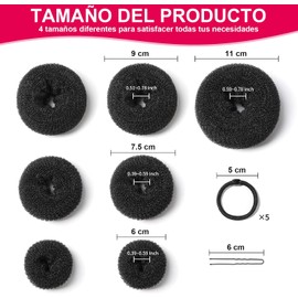 32 Pcs Donas para Peinar el Cabello,Moldeador de Cabello para Moños y Coronas,7 Piezas Hair Bun Donut,10 Pinzas para el Cabello,5 Bandas Elásticas,Accesorios para el Cabello para niñas,Negro