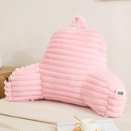 Memfydu Faux Fur Fluffy Pink Reading Pillow with Pockets, Luxury Striped Plush Decorative, Arm Rests and Back Support for Bed Rest, Lounging on Sofa, Extra Large Size for Adult.