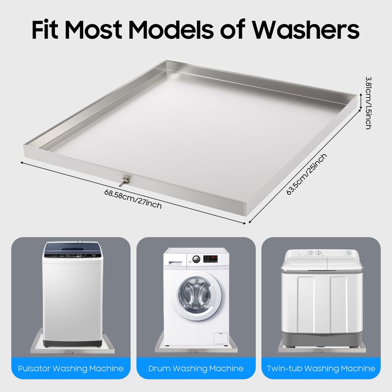 DYRABREST 304 Stainless Steel Washer Machine Drain Pan 27x25x1.5in with