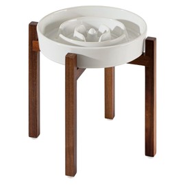 Havniva Ceramic 3.2 Cup Raised Slow Feeder Dog Bowl Set, Elevated Acacia Wood Stand for Large Dog, 9.5inch Slow Dish, Preventing Choking(Single Bowl+ Stand, Reactived Glaze -White)