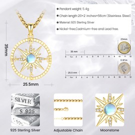 Eusense 925 Sterling Silver Compass Necklace Compass Pendant Chain Gifts for Father's Day Graduation Gift Jewellery for Men Women, Sterling Silver, Without gemstones.