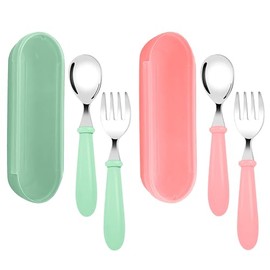uunida baby 2 Sets de Cubiertos para Niños de Acero Inoxidable - Cucharas para Bebe - Cubiertos para Lonchera - Cubiertos portatiles - Cubiertos para Bebe (Rosa + Verde)