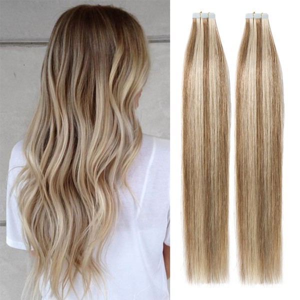 Tess Tape Extensions, Real Hair Tape-in Hair Extensions, Remy Human Hair, 40 Wefts x 4 cm, 100 g – 60 cm (12/613 Light Brown / Light Blonde)