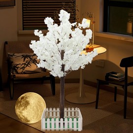White Artificial Cherry Blossom Trees with LED Light,Faux Cherry Blossom Tree White Tree Wishing Tree Christmas Tree 5FT/1.5m for Office Home Wedding Office Living Room House Indoor Outdoor