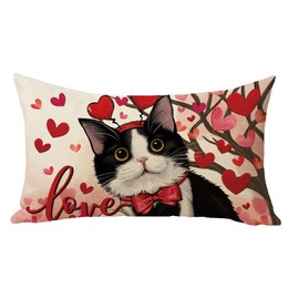 Fjfz Valentines Day Tuxedo Cat Lumbar Decorative Throw Pillow Cover 12 x 20, Rectangular Pink Red Love Heart Tree Outdoor Home Decor, Anniversary Wedding Couch Cushion Case Pet Lover Gift