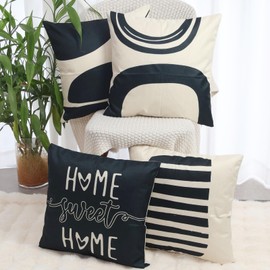 OYIMUA Linen Cushion Cover, 50 x 50 cm, Set of 4, Black Geometric Pattern, Decorative Cushion, Square Sofa Cushion, Outdoor Cushion