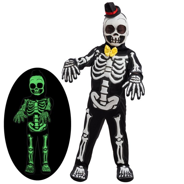 Spooky Skelebones Deluxe Skeleton Kids Toddler Costume Set with Glow