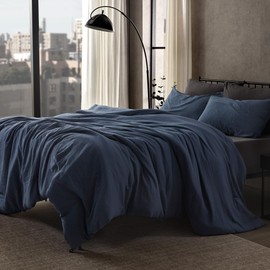 SLEEP ZONE King Size Comforter Set, Duvet Insert with Natural Wrinkle Texture, Cotton-Linen Feel, Lightweight and Breathable Fluffy Bedding Sets with 1 Comforter and 2 Pillow Shams (Navy)