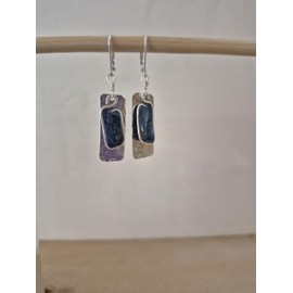 Beads by Bettina Handmade Lightweight Aluminum Dangle Earrings, Green Resin, Hammered Rectangle, Silver Tone, Nickel Free, 1.25 Inch, Made in USA