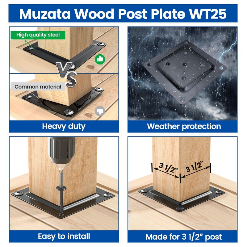Muzata 4Pack 3.5"x3.5" Wood Post Plate Connector Deck Post Base