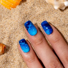 Curvlife Tip Press on Nails Acrylic Fake Nails with Design Full Cover False Nails for Women Reusable Nail Kit with Nail Glue Adhesive Tabs Nail File (blue sea, Medium)